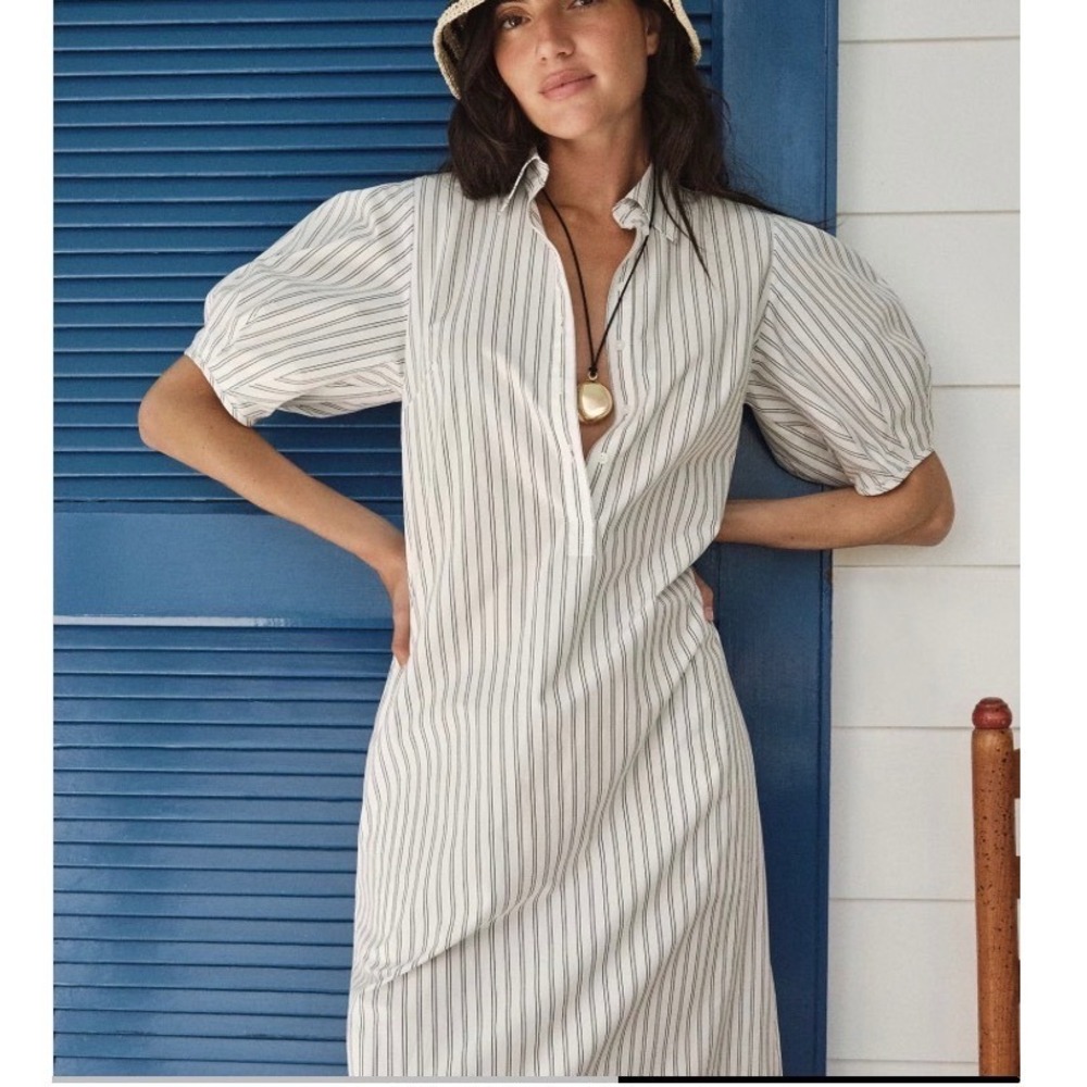 J. Crew Embroidered Shirt Dress in Striped Cotton Poplin Eyelet Puff Sleeve - 6